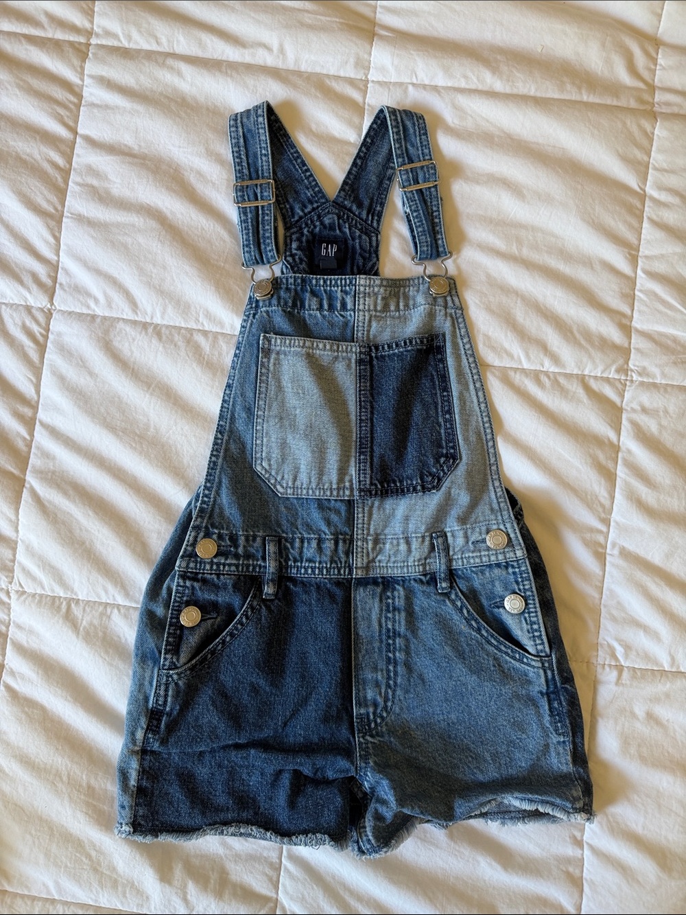 GAP Mixed Blue Patchwork Denim Short Overalls